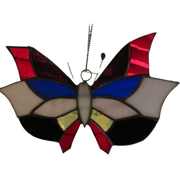 Vintage Stained Glass Butterfly Hand-Crafted Sun Catcher Red Blue White - Picture 3 of 12